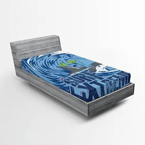 Ambesonne Vintage Fitted Sheet, Extreme Sports Theme Vintage Illustration of a Surfer and a Shark Pattern, Soft Decorative Fabric Bedding All-Round Elastic Pocket, Twin Size, Dark Blue