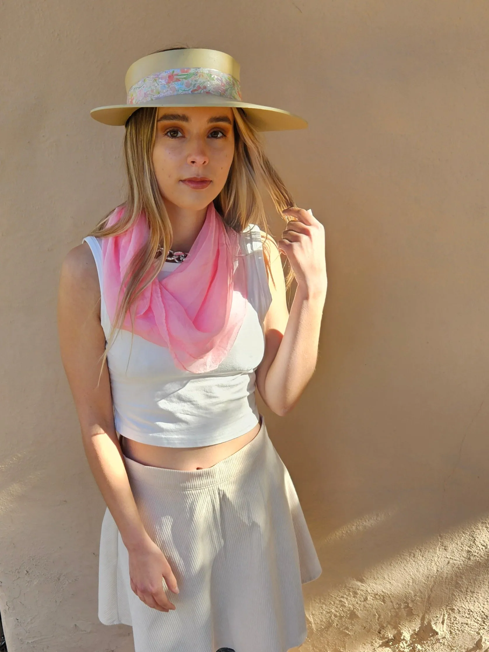 Beige "LadyEVA" Visor Hat with Pastel Floral Band