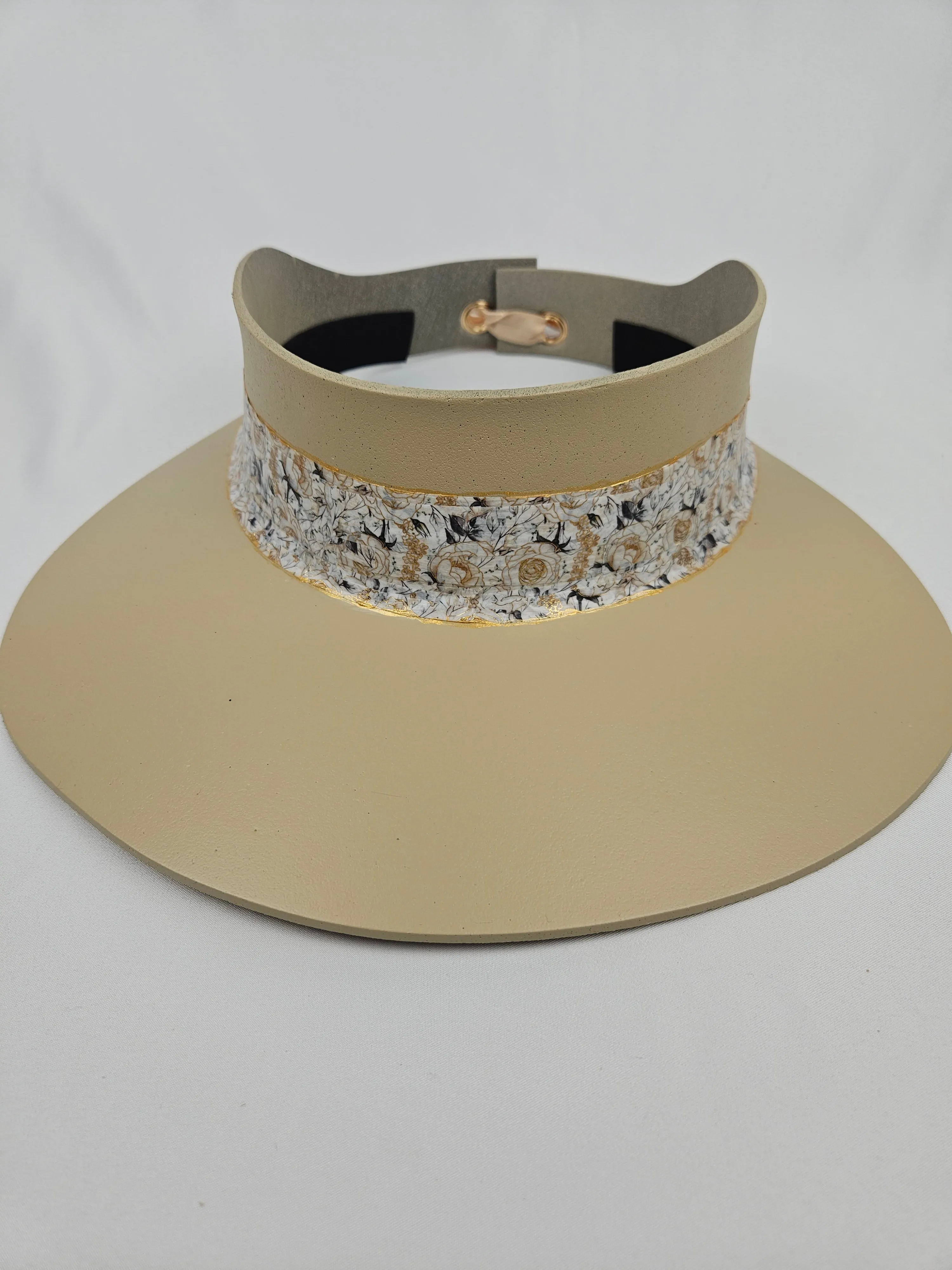Beige "LadyEVA" Visor Hat with White and Gold Floral Band