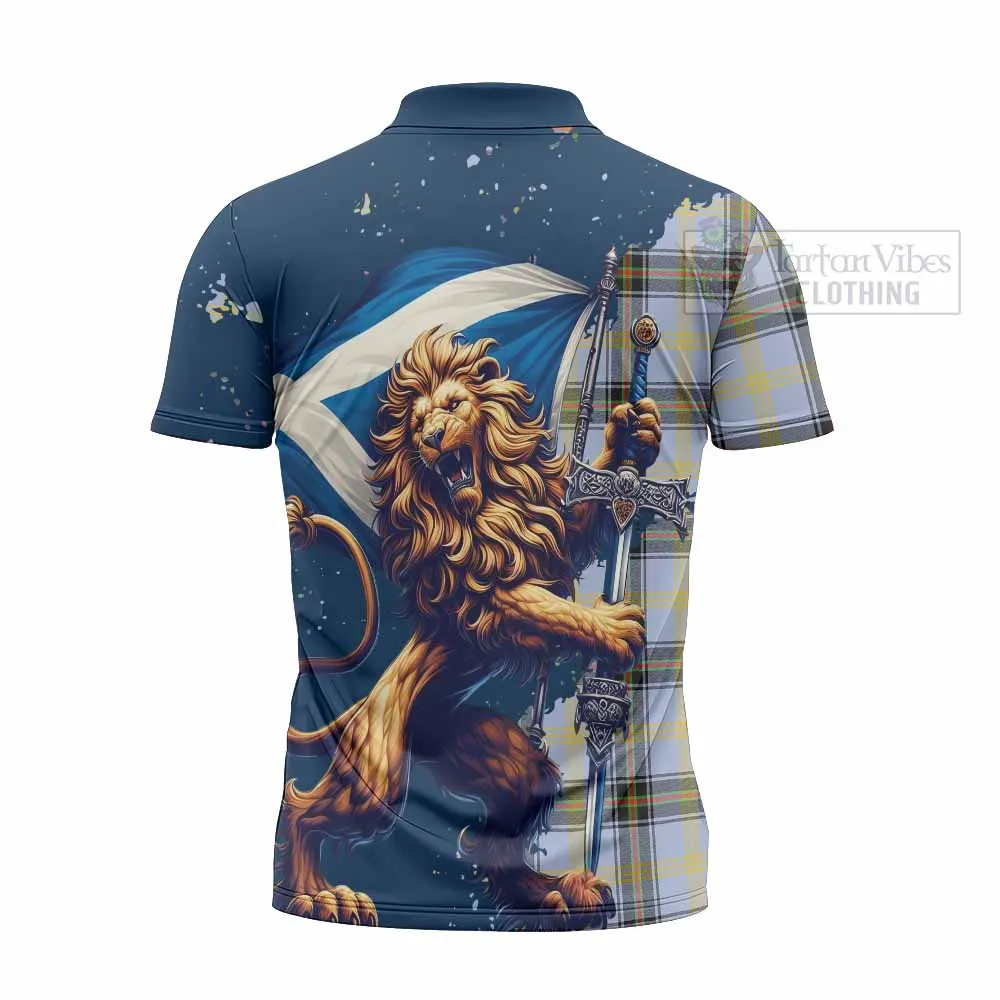 Bell Tartan Family Crest Zipper Polo Shirt with Scottish Majestic Lion
