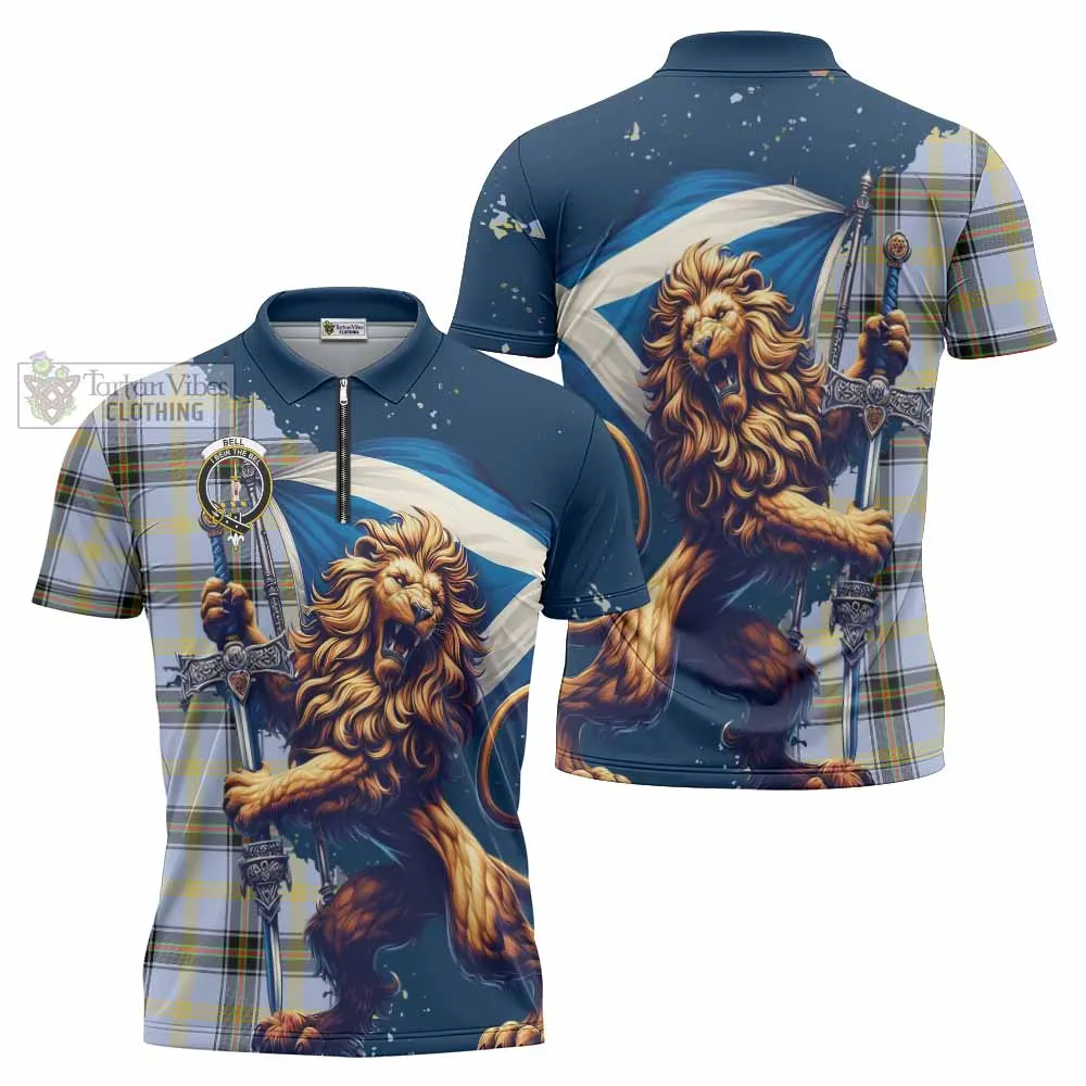 Bell Tartan Family Crest Zipper Polo Shirt with Scottish Majestic Lion