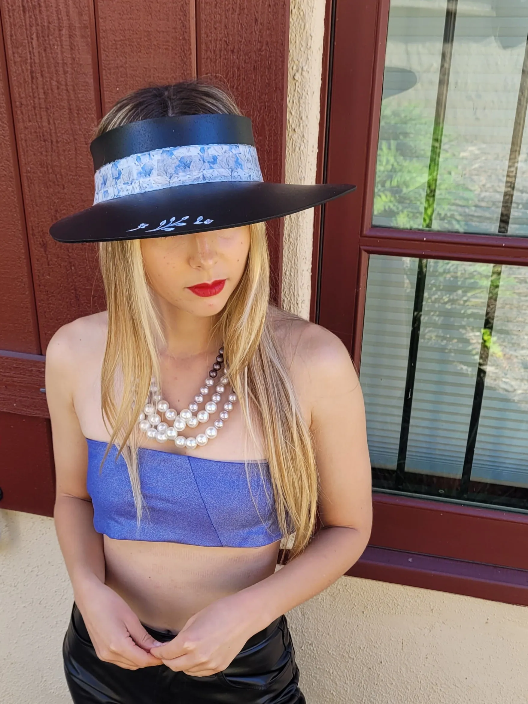 Black "LadyEVA" Visor Hat with Pale Blue Floral Band, Silver Accents and HandPainted Floral Motif