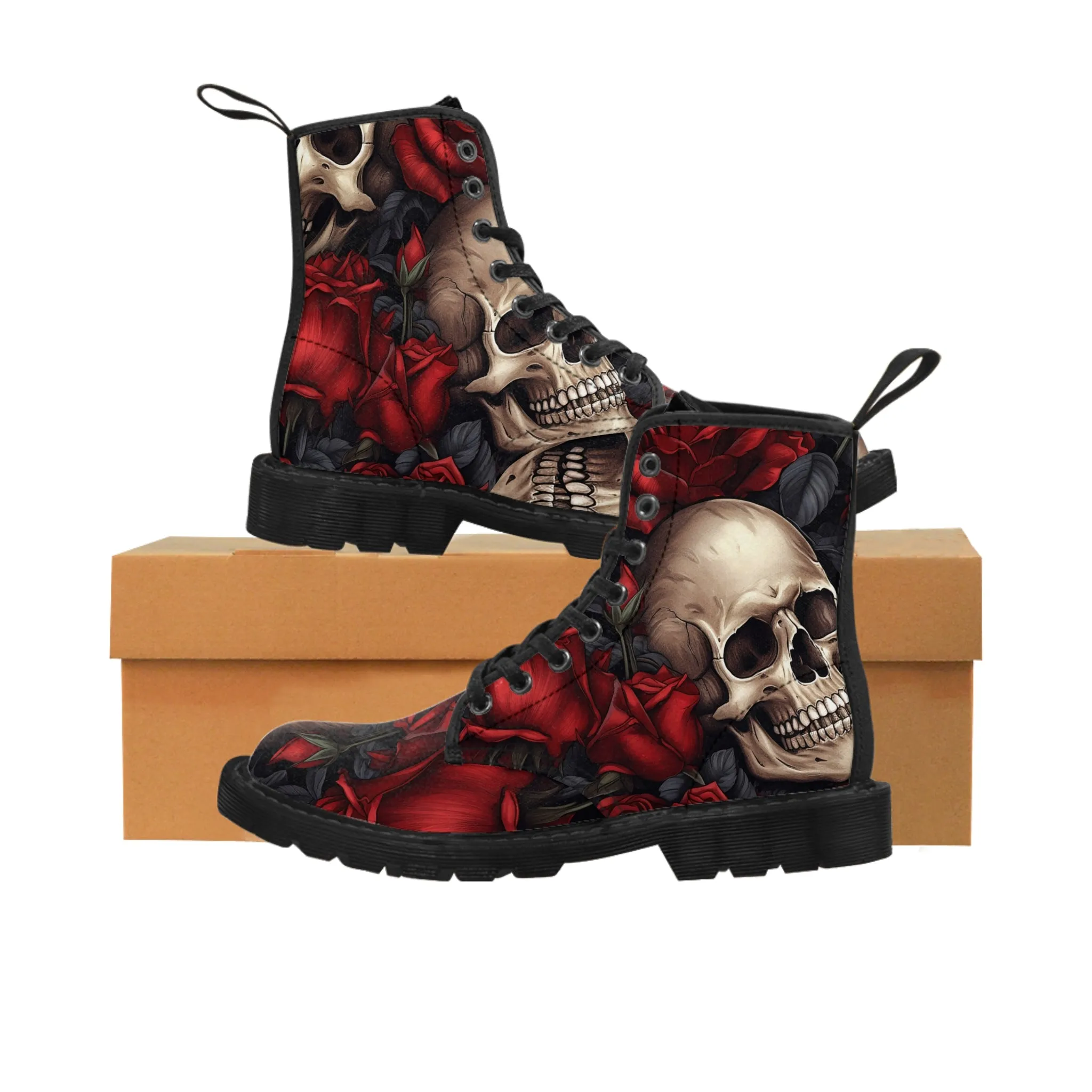 Gothic Skulls and Red Roses Women's Canvas Boots