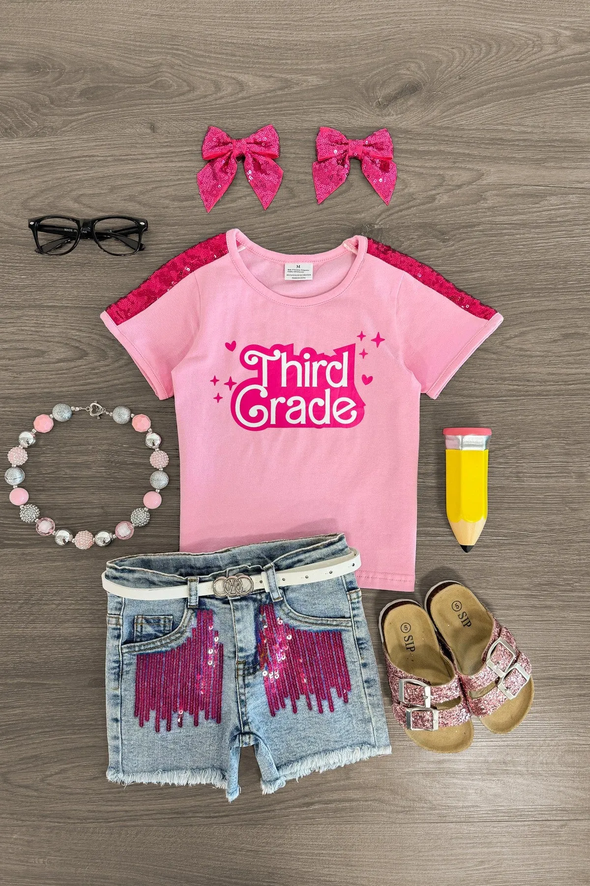 "Pre-K - Sixth Grade" Pink Denim Short Set