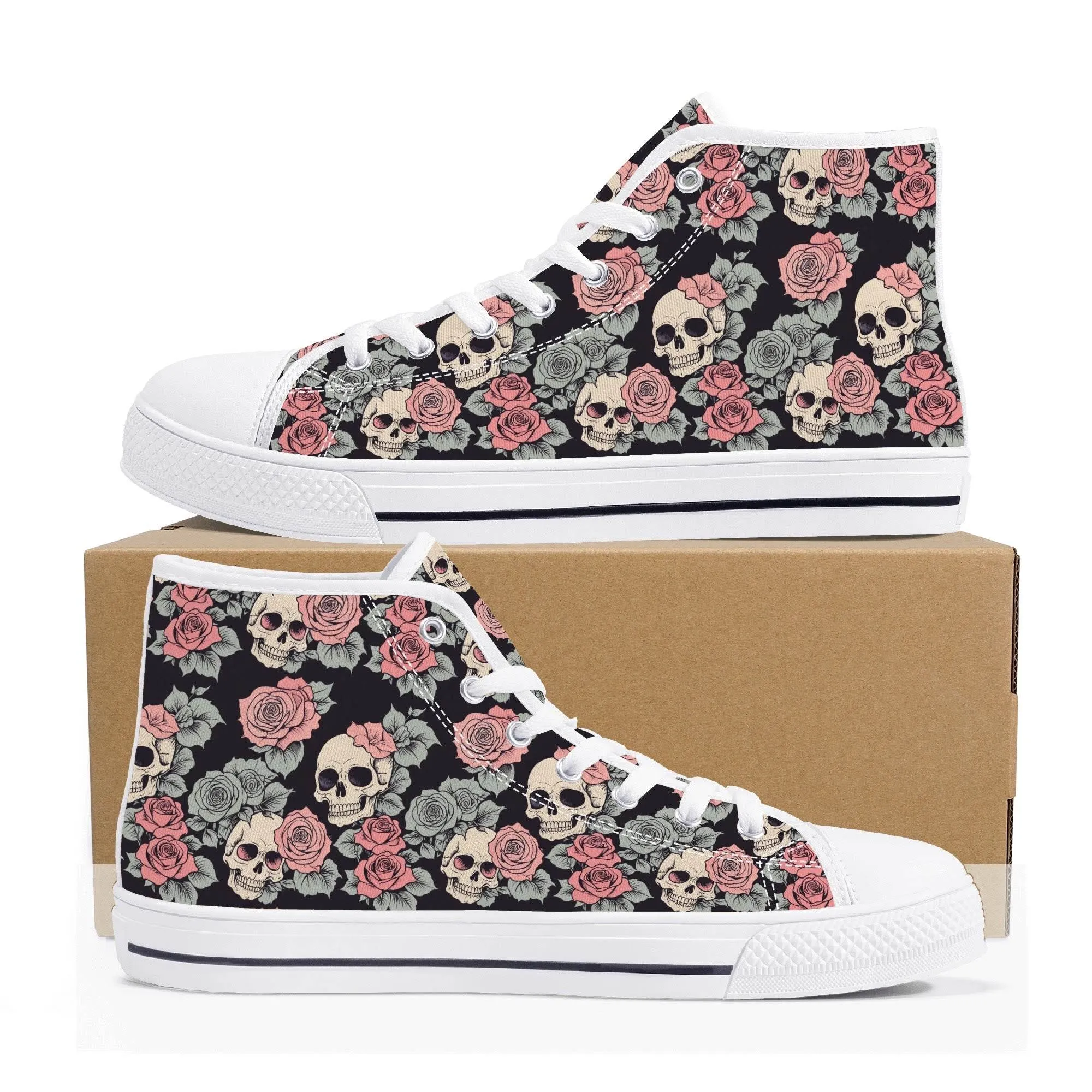 Skull and Pink Rose Mens High Top Canvas Shoes