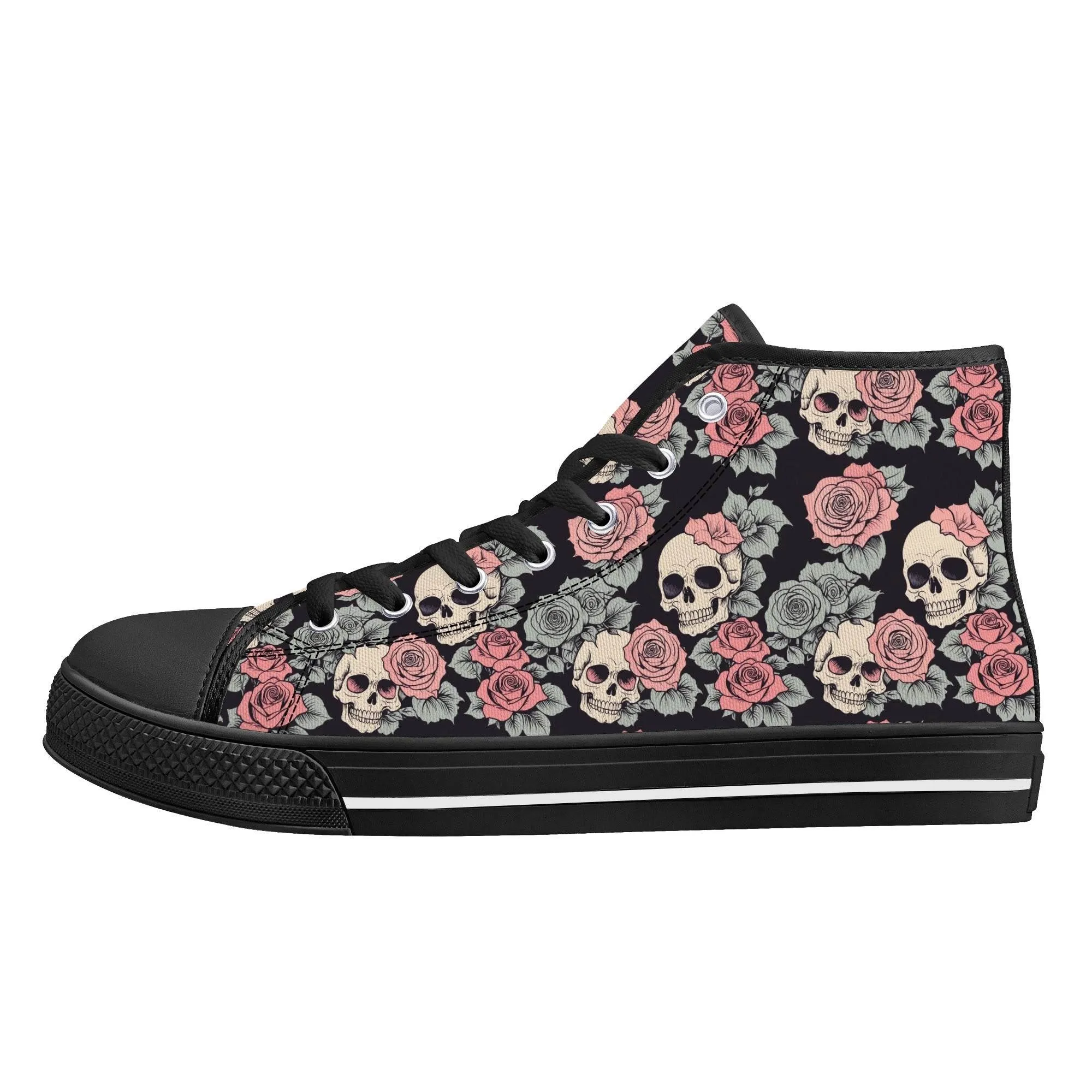 Skull and Pink Rose Mens High Top Canvas Shoes