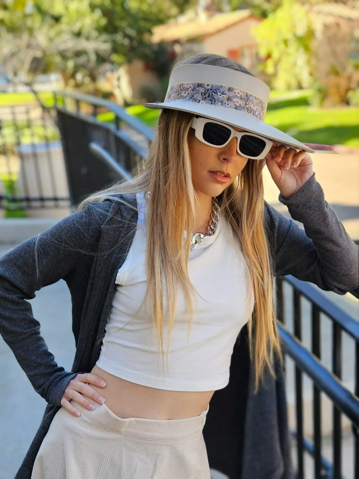 Taupe "LadyEVA" Visor Hat with Elegant Light Pink and Lavender Floral Band